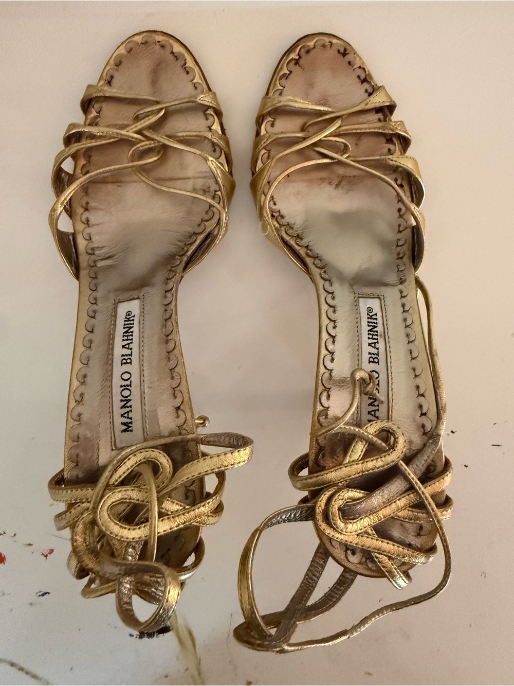 Manolo Blahnik Gold Strappy Lace-Up Heeled Sandals